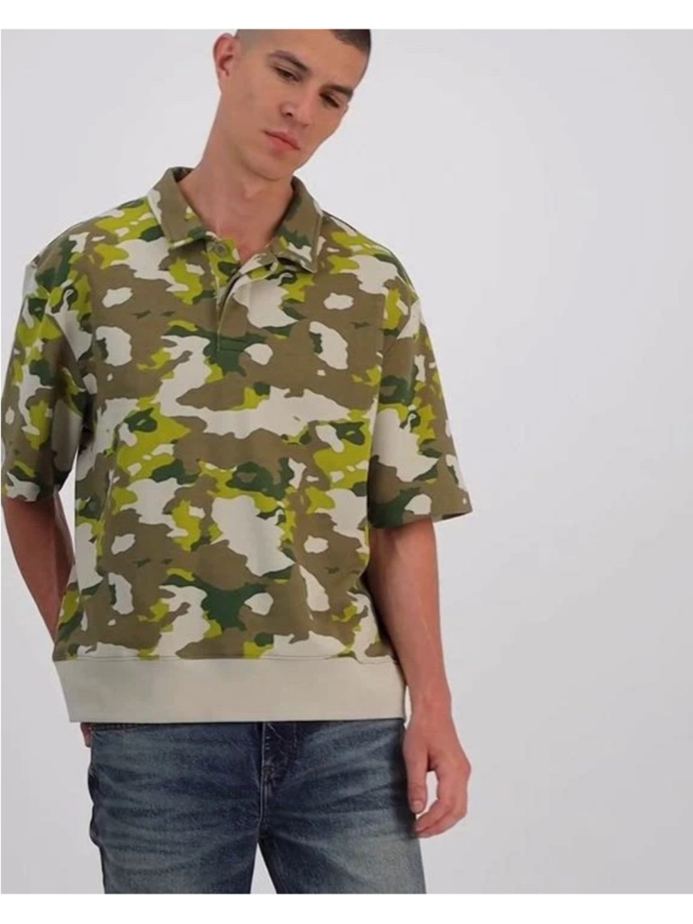 Mode of One Mens Relaxed Fit French Terry Polo Shirt Army Brown Camo XL FA24 NEW